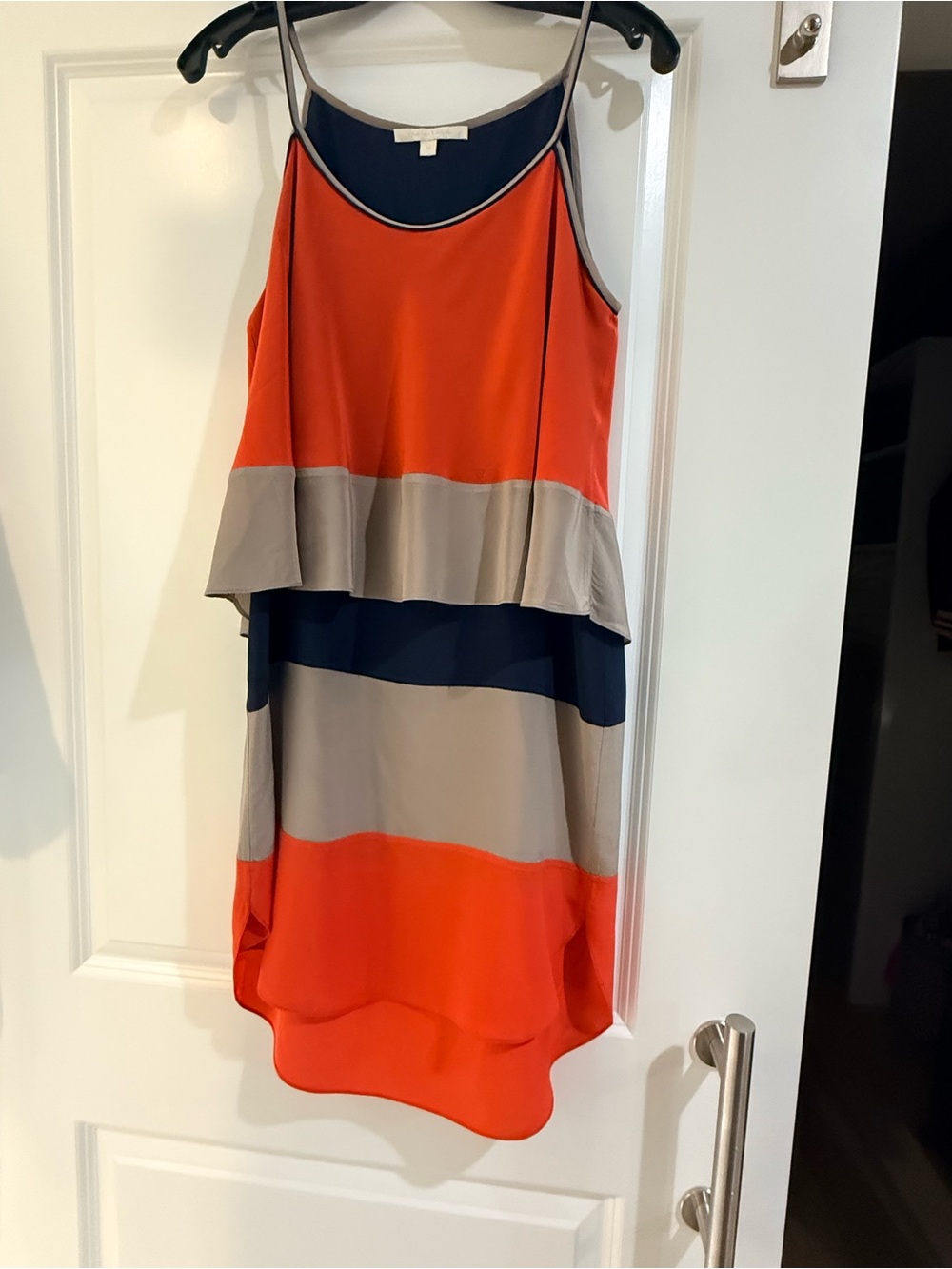 Striped Layered Spaghetti Strap Dress in Coral, Navy & Taupe